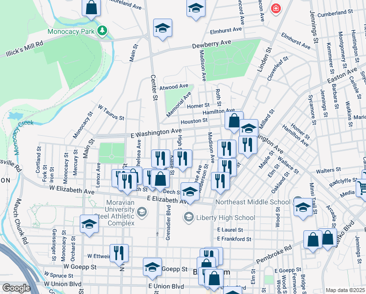 map of restaurants, bars, coffee shops, grocery stores, and more near 1522 High Street in Bethlehem