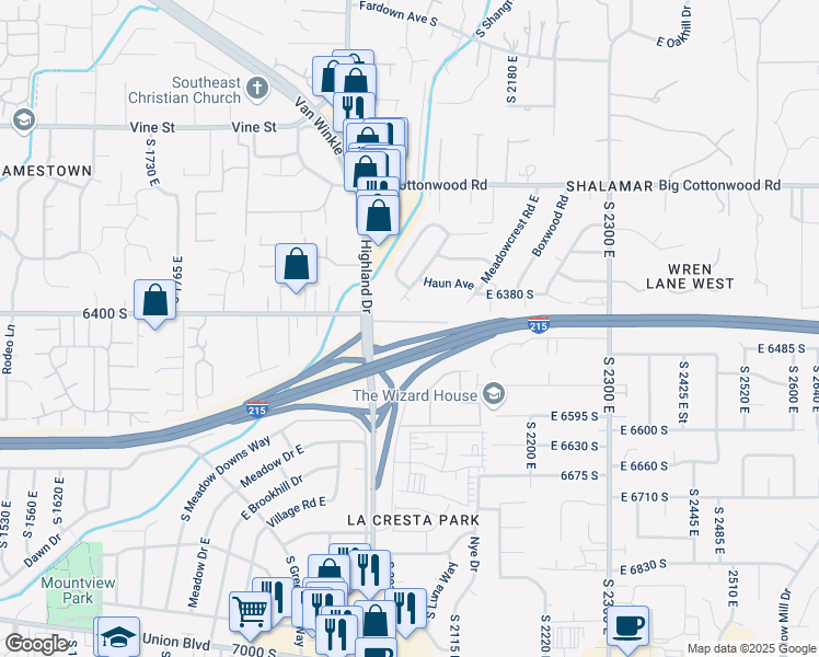 map of restaurants, bars, coffee shops, grocery stores, and more near 2054 East 6425 South in Holladay
