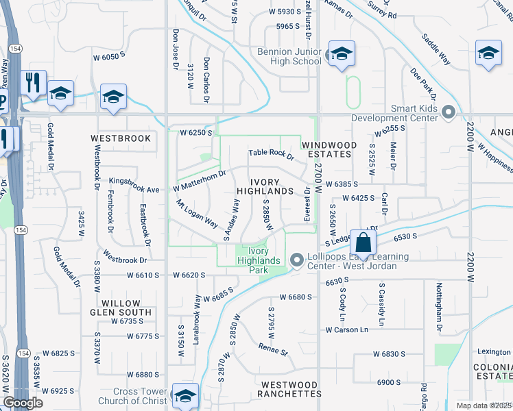 map of restaurants, bars, coffee shops, grocery stores, and more near 6408 Mount Hood Drive in West Jordan