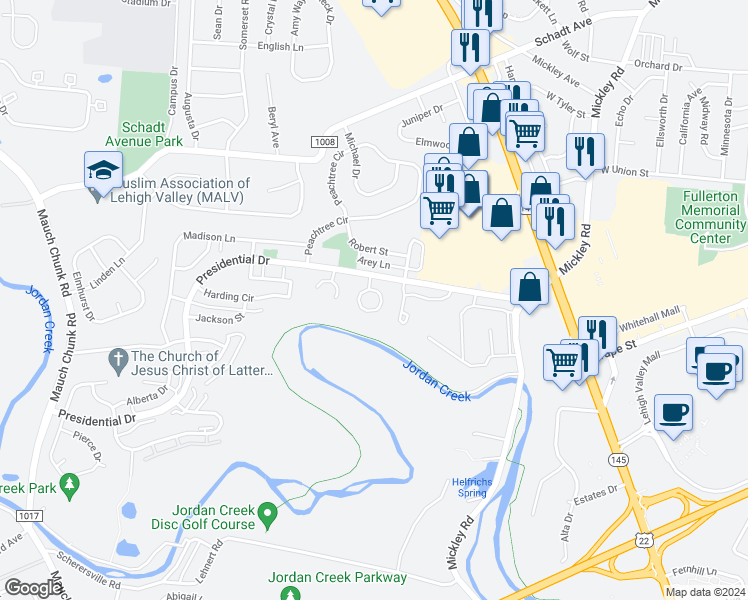 map of restaurants, bars, coffee shops, grocery stores, and more near 44 Eisenhower Circle in Whitehall