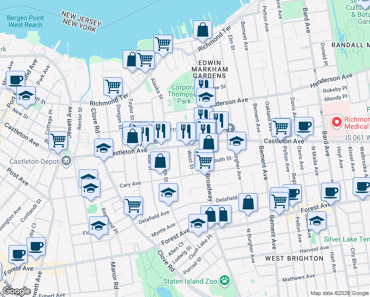 map of restaurants, bars, coffee shops, grocery stores, and more near 157 Alaska Street in Staten Island