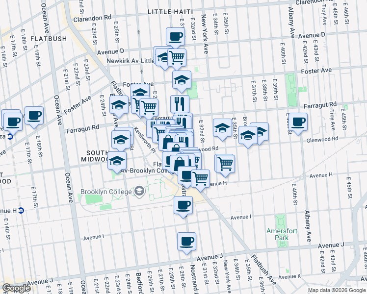map of restaurants, bars, coffee shops, grocery stores, and more near 3001 Glenwood Road in Brooklyn