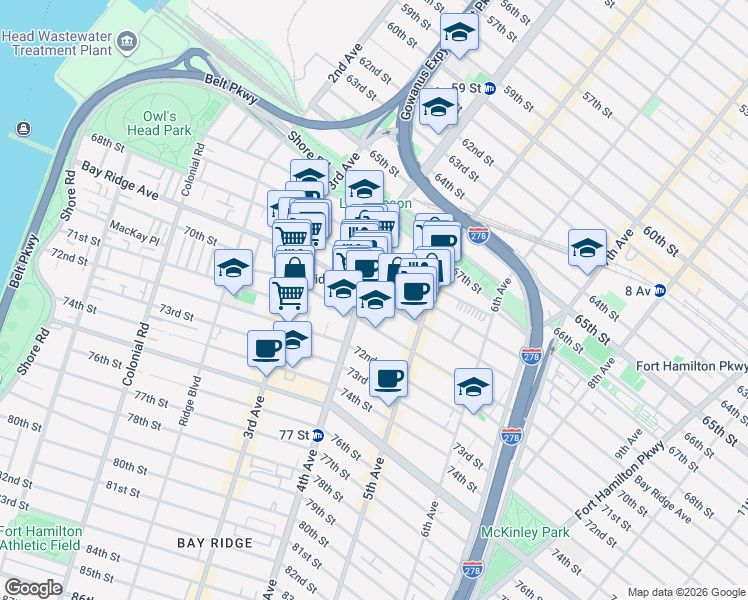 map of restaurants, bars, coffee shops, grocery stores, and more near 416 Bay Ridge Avenue in Brooklyn