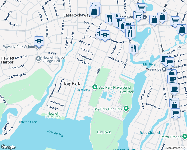map of restaurants, bars, coffee shops, grocery stores, and more near 5 North Boulevard in East Rockaway