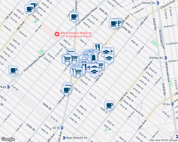 map of restaurants, bars, coffee shops, grocery stores, and more near 1274 49th Street in Brooklyn