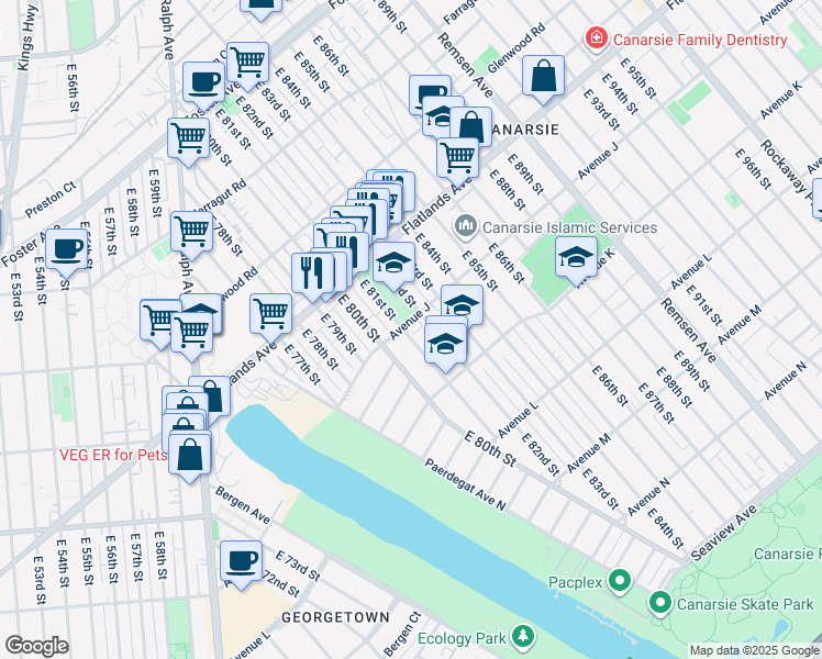 map of restaurants, bars, coffee shops, grocery stores, and more near 956 East 82nd Street in Brooklyn