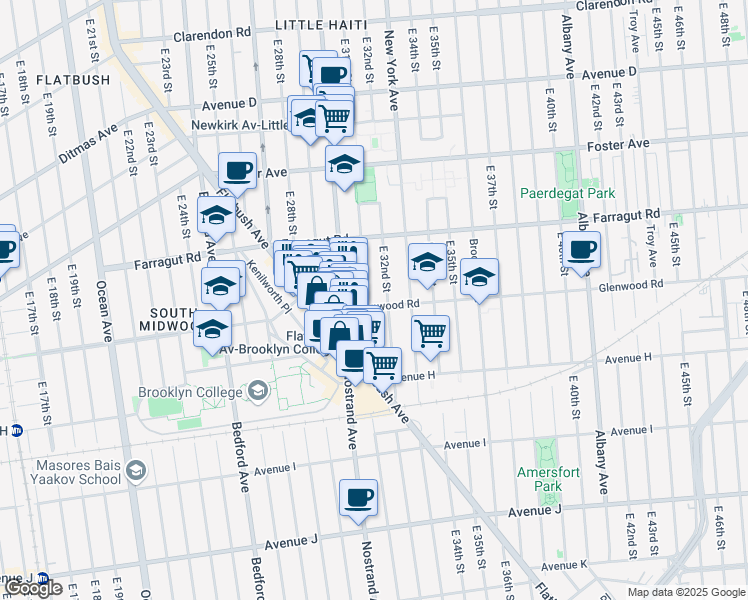 map of restaurants, bars, coffee shops, grocery stores, and more near 654 East 31st Street in Brooklyn