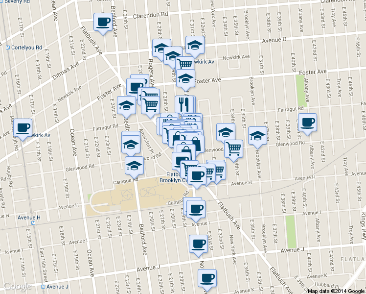 map of restaurants, bars, coffee shops, grocery stores, and more near 643 East 29th Street in Brooklyn