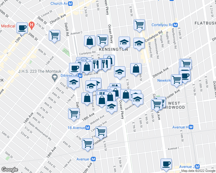 map of restaurants, bars, coffee shops, grocery stores, and more near 702 East 5th Street in Brooklyn