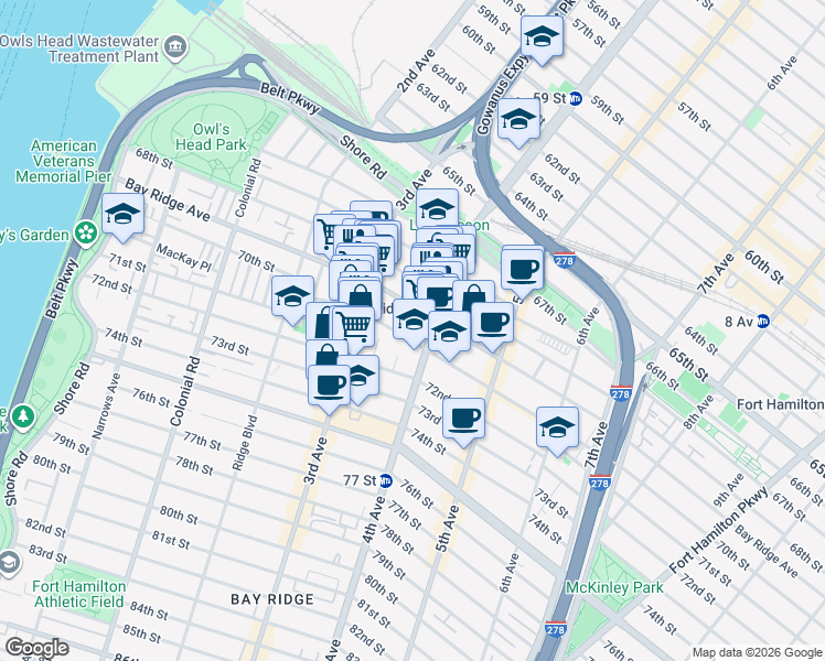 map of restaurants, bars, coffee shops, grocery stores, and more near 342 Bay Ridge Avenue in Brooklyn