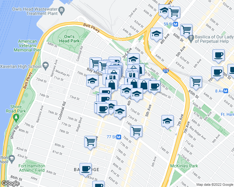 map of restaurants, bars, coffee shops, grocery stores, and more near 342 Bay Ridge Avenue in Brooklyn