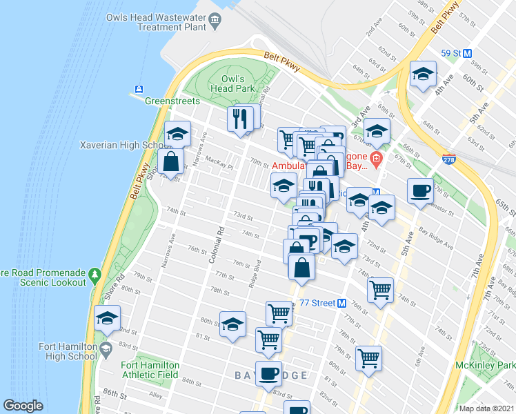 map of restaurants, bars, coffee shops, grocery stores, and more near 138 71st Street in Brooklyn