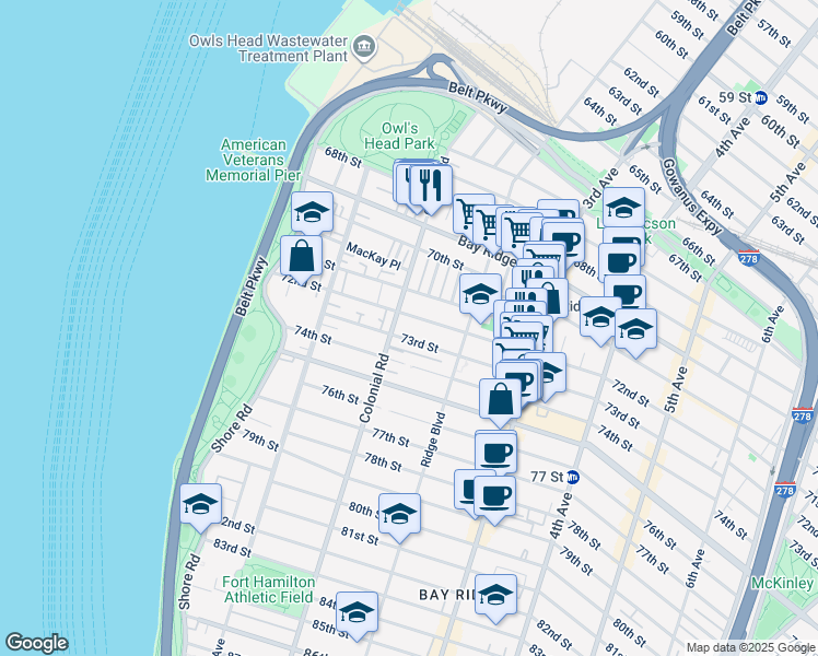 map of restaurants, bars, coffee shops, grocery stores, and more near 7124 Colonial Road in Brooklyn
