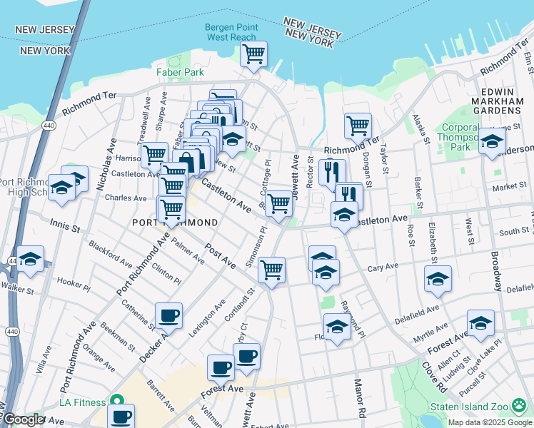 map of restaurants, bars, coffee shops, grocery stores, and more near 27 Bond Street in Staten Island