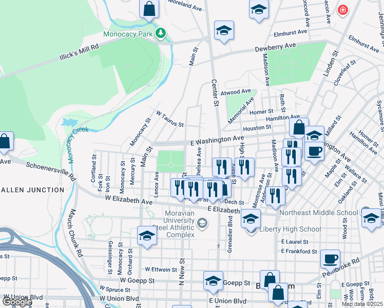 map of restaurants, bars, coffee shops, grocery stores, and more near 1516 North New Street in Bethlehem