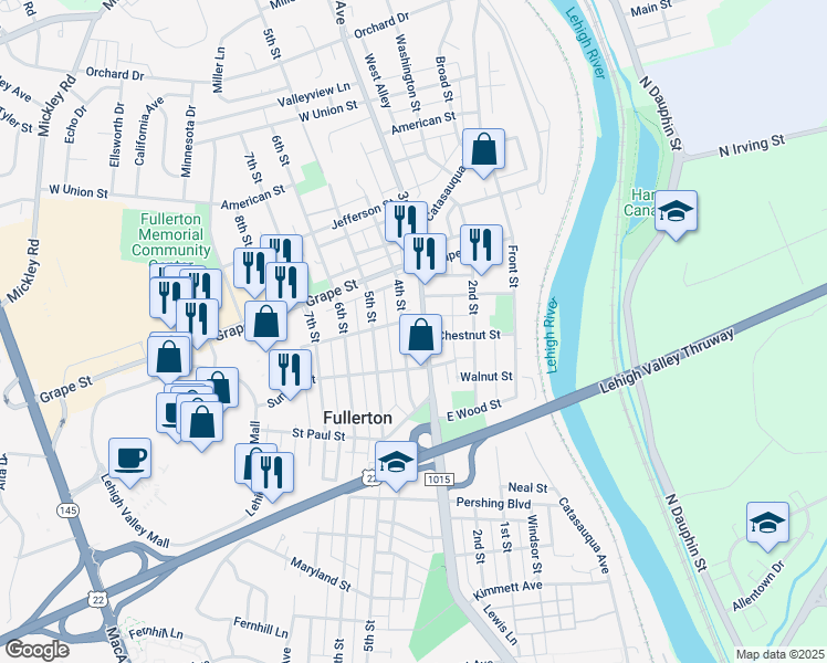 map of restaurants, bars, coffee shops, grocery stores, and more near 856 3rd Street in Fullerton