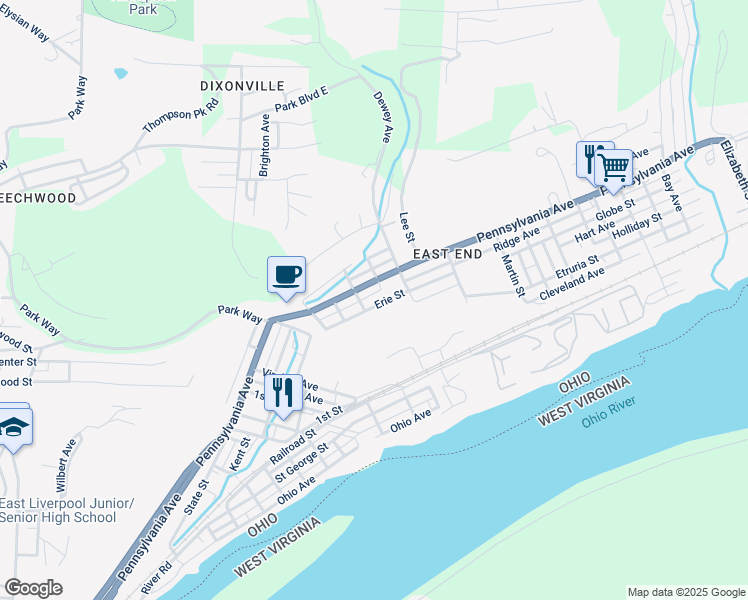 map of restaurants, bars, coffee shops, grocery stores, and more near 1240 Pennsylvania Avenue in East Liverpool