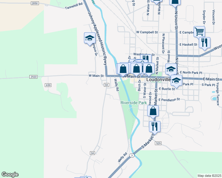 map of restaurants, bars, coffee shops, grocery stores, and more near 129 County Road 3A in Loudonville