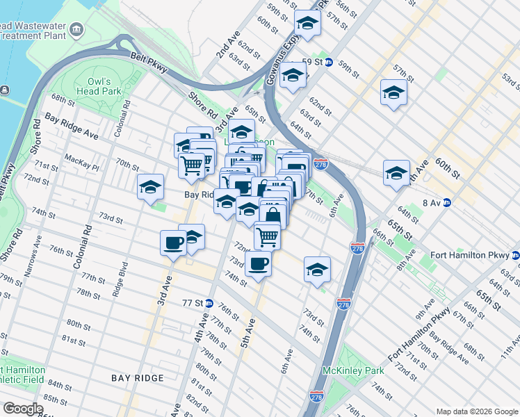 map of restaurants, bars, coffee shops, grocery stores, and more near 437 68th Street in Brooklyn
