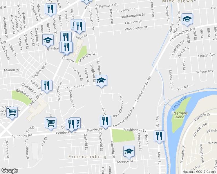 map of restaurants, bars, coffee shops, grocery stores, and more near 714 Bach Court in Bethlehem