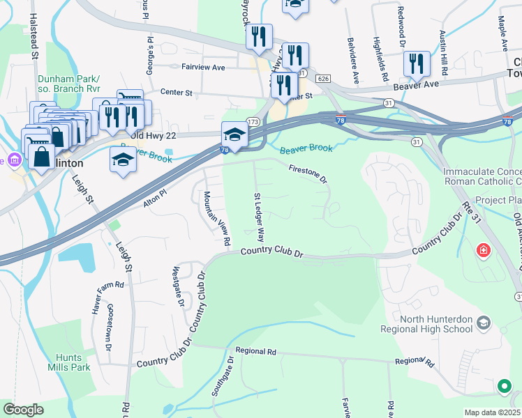 map of restaurants, bars, coffee shops, grocery stores, and more near 5 Spring Brook Drive in Hunterdon County