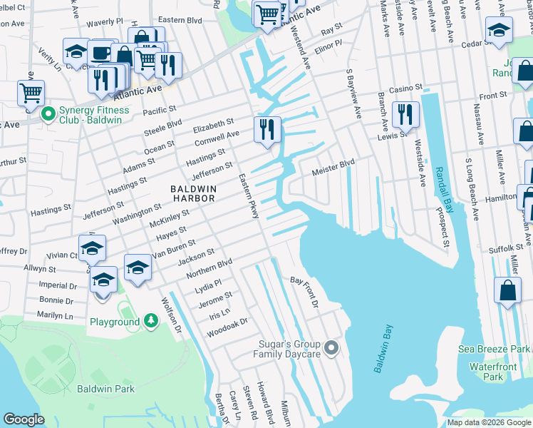 map of restaurants, bars, coffee shops, grocery stores, and more near 3147 Eastern Parkway in Baldwin