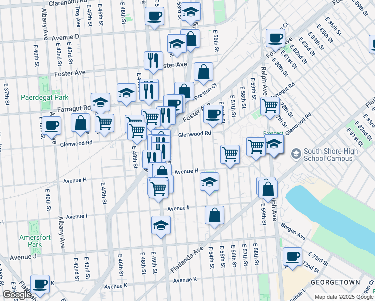 map of restaurants, bars, coffee shops, grocery stores, and more near 992 East 53rd Street in Brooklyn