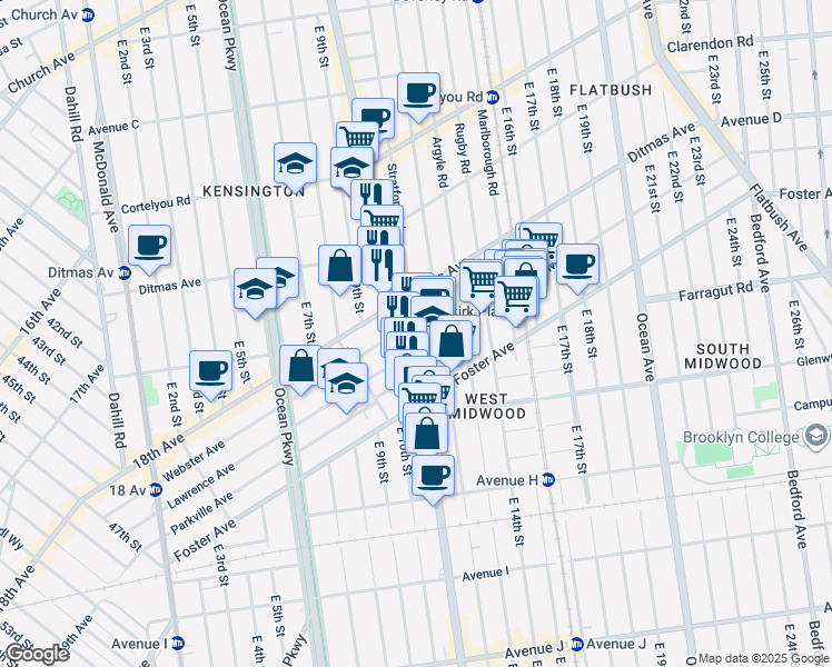 map of restaurants, bars, coffee shops, grocery stores, and more near 955 Coney Island Avenue in Brooklyn