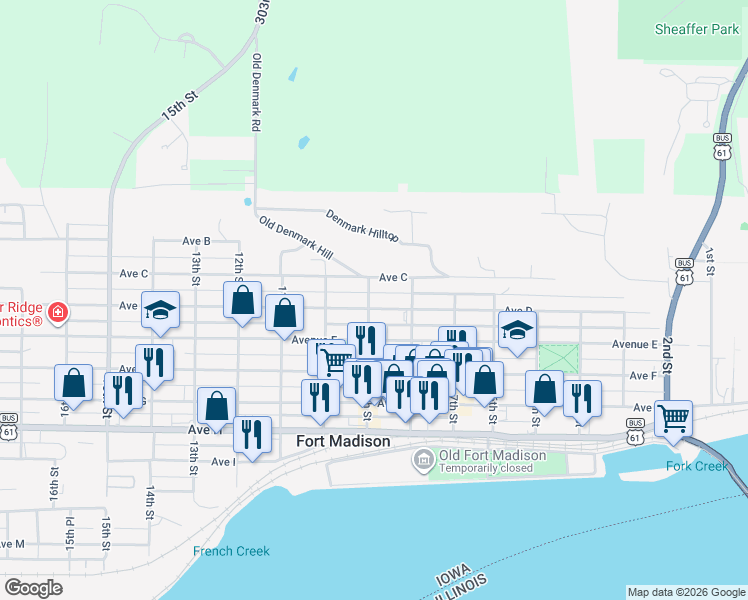 map of restaurants, bars, coffee shops, grocery stores, and more near 800-898 Ave C in Fort Madison