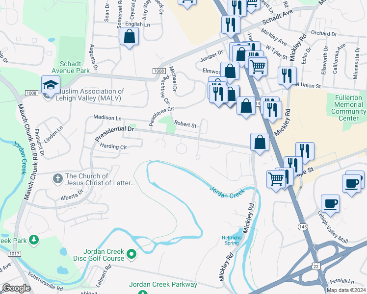 map of restaurants, bars, coffee shops, grocery stores, and more near 42 Eisenhower Circle in Fullerton