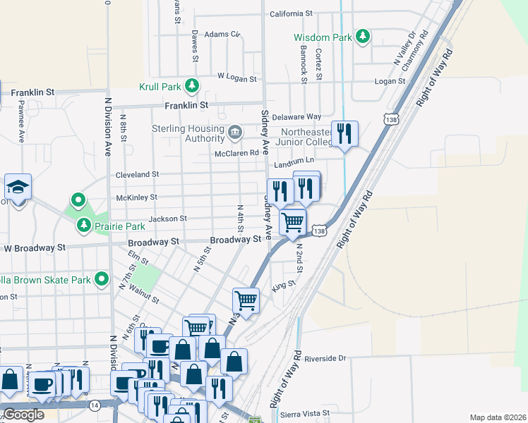 map of restaurants, bars, coffee shops, grocery stores, and more near 901 Sidney Avenue in Sterling