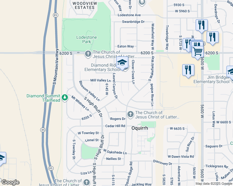 map of restaurants, bars, coffee shops, grocery stores, and more near 6433 Laurel Canyon Drive in Salt Lake City