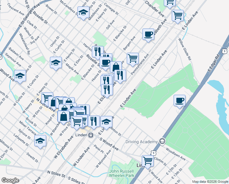 map of restaurants, bars, coffee shops, grocery stores, and more near 559 Pennsylvania Avenue in Linden