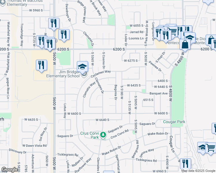 map of restaurants, bars, coffee shops, grocery stores, and more near 5271 Begonia Circle in West Jordan