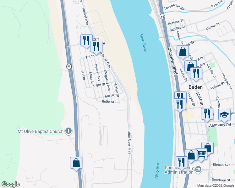 map of restaurants, bars, coffee shops, grocery stores, and more near McKee Street in Aliquippa