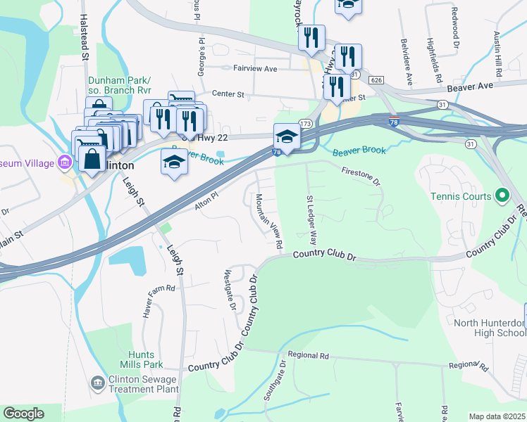 map of restaurants, bars, coffee shops, grocery stores, and more near 1 Hickory Court in Clinton