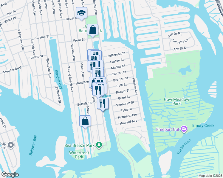 map of restaurants, bars, coffee shops, grocery stores, and more near 690 Guy Lombardo Avenue in Freeport