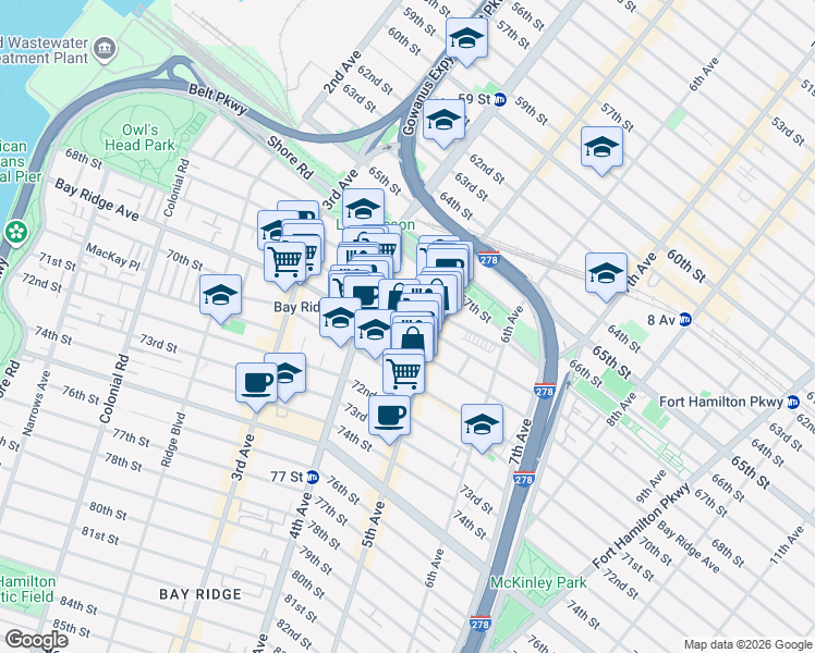 map of restaurants, bars, coffee shops, grocery stores, and more near 437 68th Street in Brooklyn