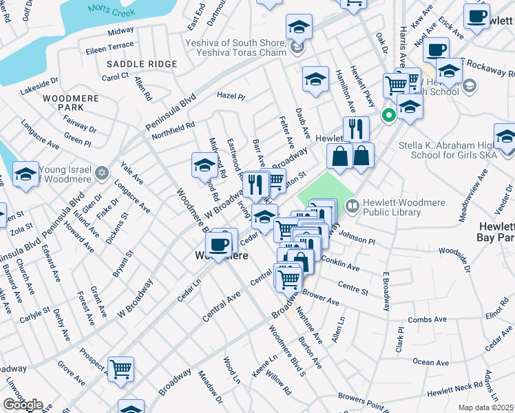 map of restaurants, bars, coffee shops, grocery stores, and more near 224 Franklin Place in Woodmere