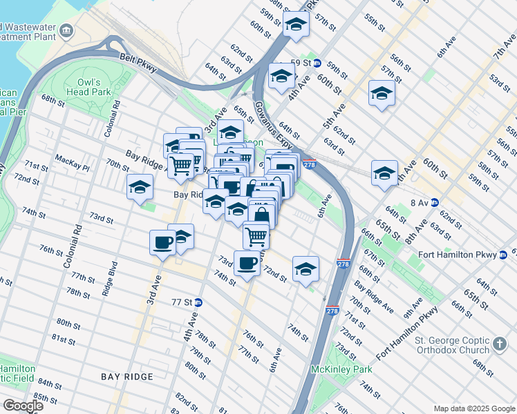 map of restaurants, bars, coffee shops, grocery stores, and more near 458 68th Street in Brooklyn