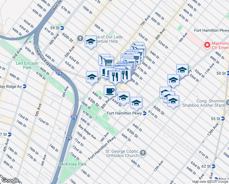 map of restaurants, bars, coffee shops, grocery stores, and more near 8th Ave & 62nd St in Brooklyn