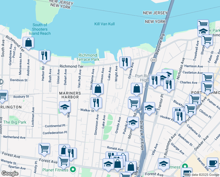 map of restaurants, bars, coffee shops, grocery stores, and more near 72 Lake Avenue in Staten Island