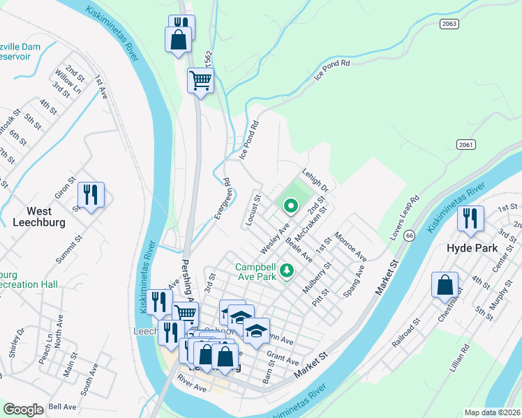 map of restaurants, bars, coffee shops, grocery stores, and more near 131 Beatty Road in Leechburg