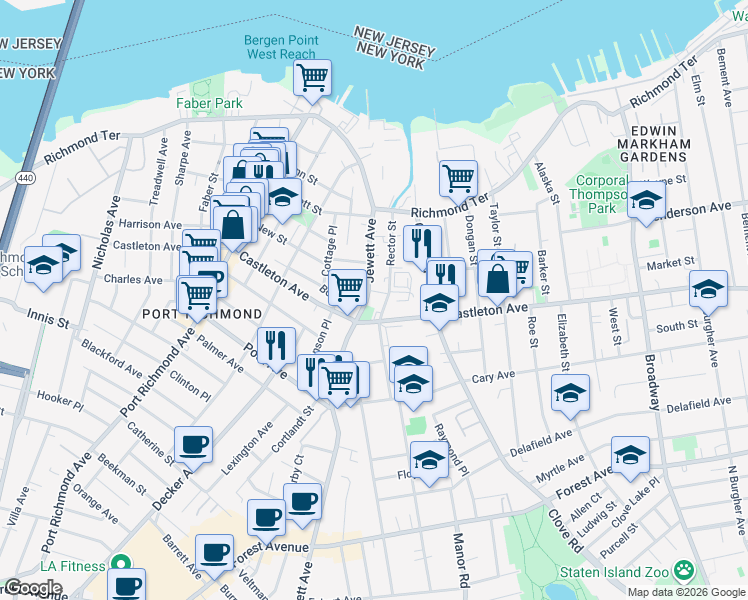 map of restaurants, bars, coffee shops, grocery stores, and more near 87 Jewett Avenue in Staten Island