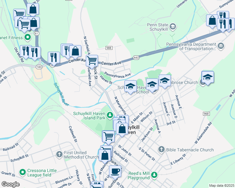 map of restaurants, bars, coffee shops, grocery stores, and more near 209 Haven Street in Schuylkill Haven