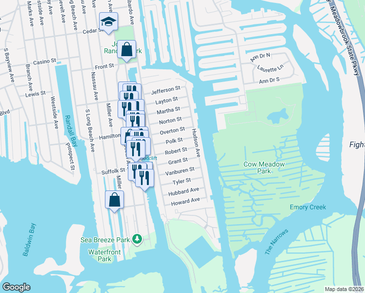 map of restaurants, bars, coffee shops, grocery stores, and more near 78 Polk Street in Freeport