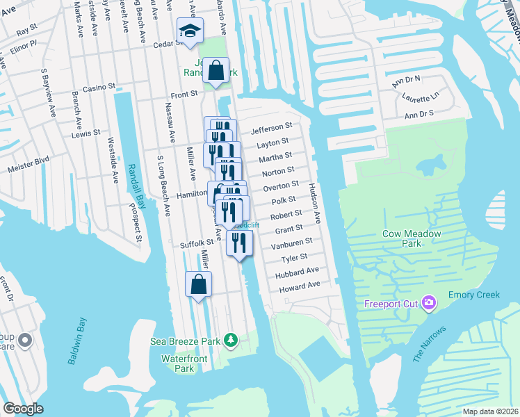 map of restaurants, bars, coffee shops, grocery stores, and more near 690 Guy Lombardo Avenue in Freeport