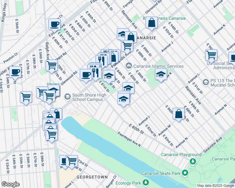 map of restaurants, bars, coffee shops, grocery stores, and more near 8218 Avenue J in Brooklyn