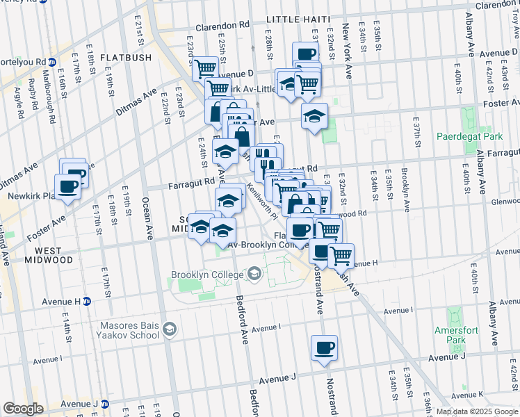 map of restaurants, bars, coffee shops, grocery stores, and more near 34 Kenilworth Place in Brooklyn