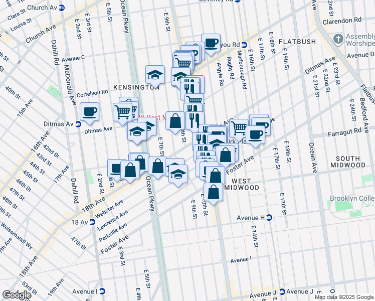 map of restaurants, bars, coffee shops, grocery stores, and more near 562 East 9th Street in Brooklyn